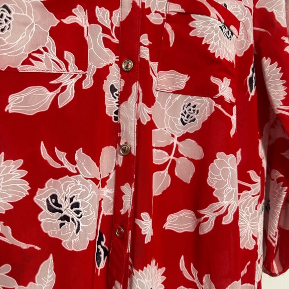 Red Button Down Blouse with Floral Print Semi-Sheer - Picture 2 of 3